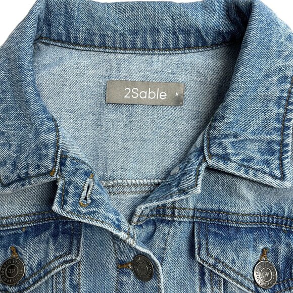 2SABLE JEAN JACKET DISTRESSED BUTTON UP POCKETS SIZE M DENIM BLUE 100% COTTON - Picture 4 of 12
